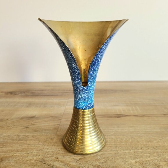 Vintage solid brass and blue enamel one of a kind design vase with opening. - Picture 9 of 9